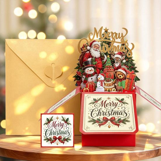 Decorative Winter Holiday Cards Pop Up Christmas Card with Envelope And Note Card, Merry Creative Paper Craft Greeting for New Year, Xmas Party Favors