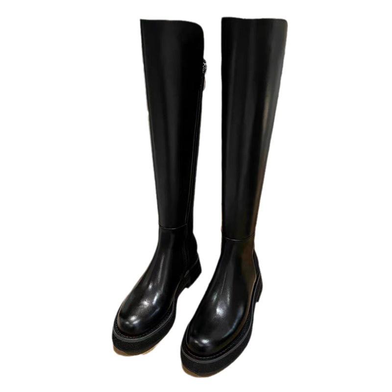 2024 Fall/Winter Women's Real Leather Elastic Knight Boots - Thick-Soled, Small-Sized, Knee-High