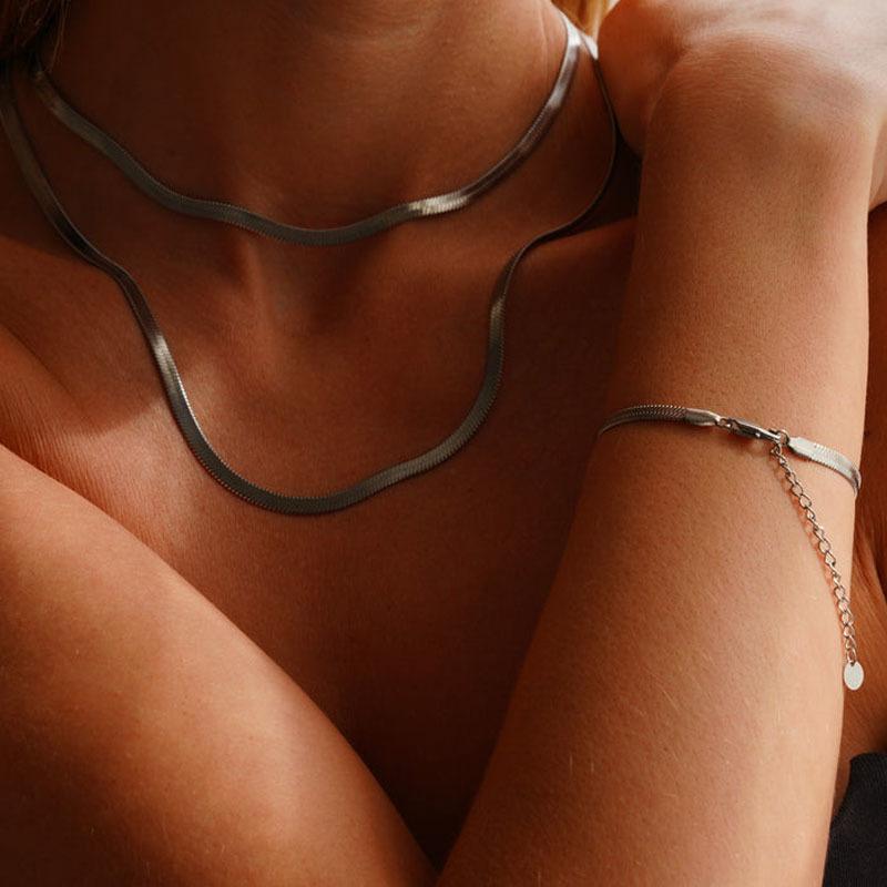 3-5mm Dames Visgraat Ketting, Roestvrij Staal Zilverkleurig Sleutelbeen Ketting Choker Collier