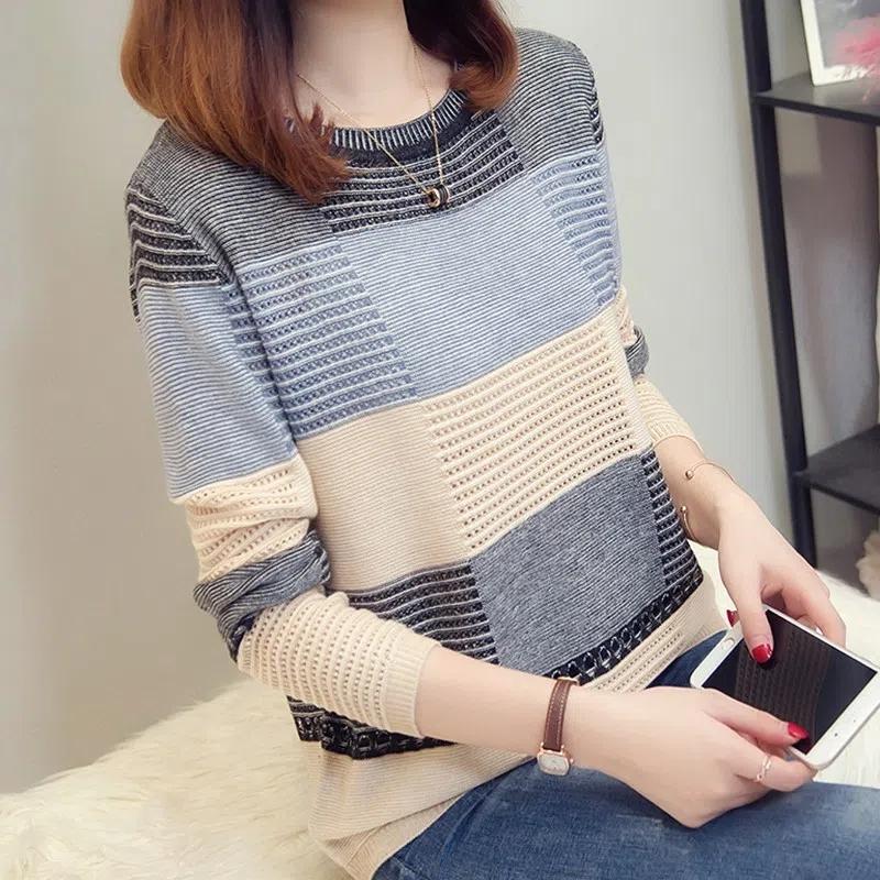 Dzianinowe t-shirty O-neck Wiosna Jesień Patchwork Swetry z długim rękawem Casual Hollow Out Swetry w paski Rozrywka Koreańskie swetry