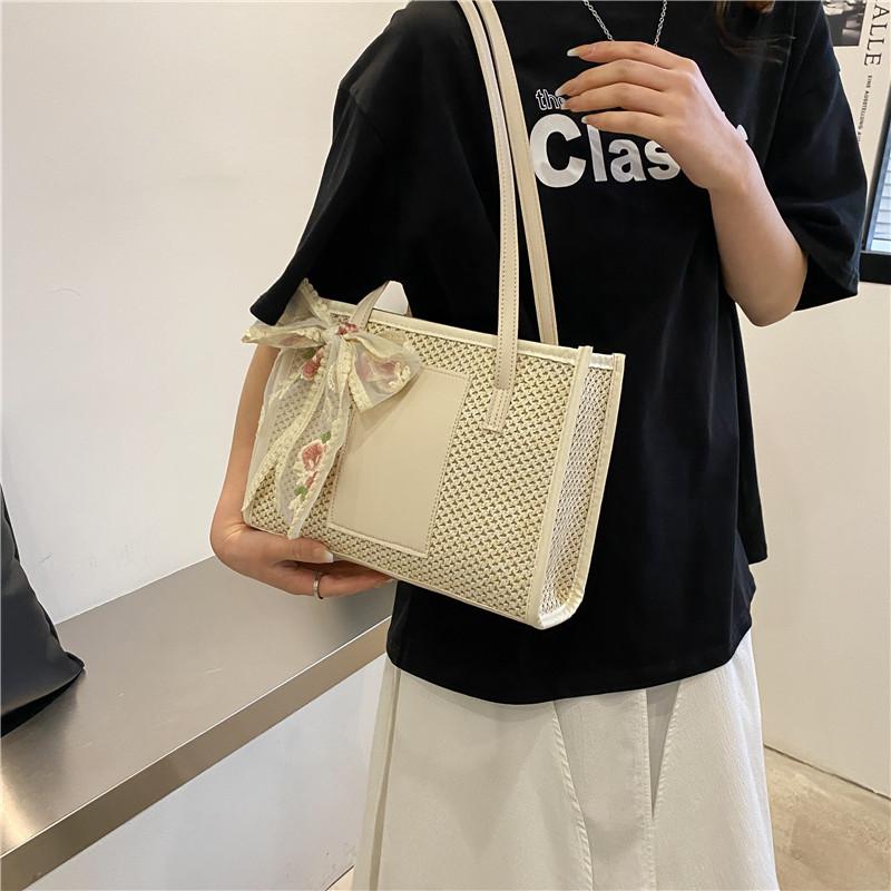 New straw tote bag simple and elegant silk scarf shoulder bag literary lady summer beach large-capacity handbag