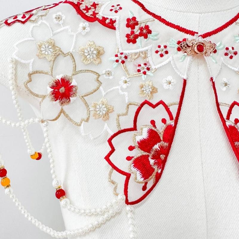 Traditional Chinese Styles Embroidery Collar Tassels Pearls Detachable Cloud Cape Decorative Collar Costume Accessory