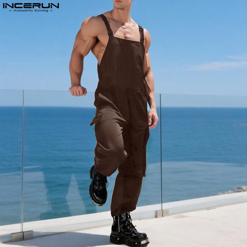 INCERUN Salopetă de bărbați, culoare uni, salopetă lungă harem, salopetă