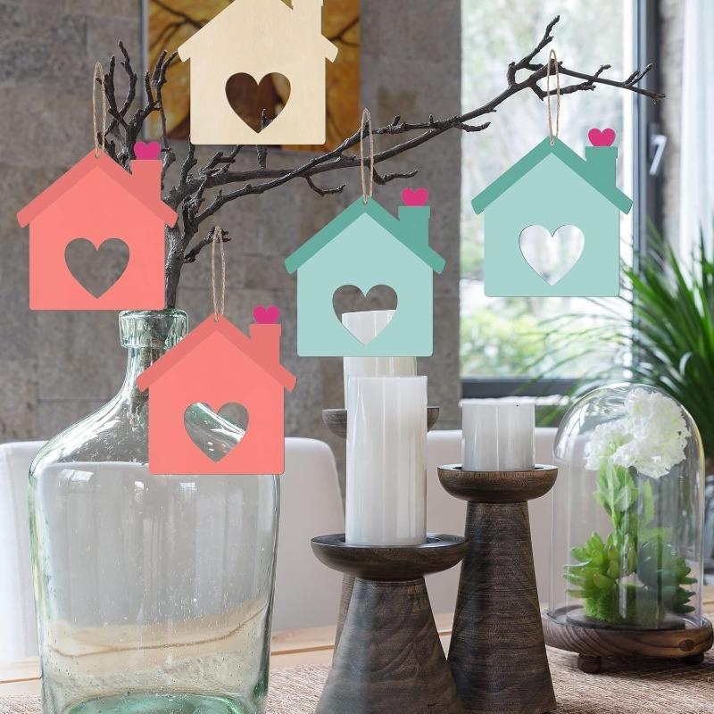 10pcs House Shape Wooden Tag Hanging Heart Wood Cutout Wooden Tags for Christmas Valentine's Day Holiday Wedding