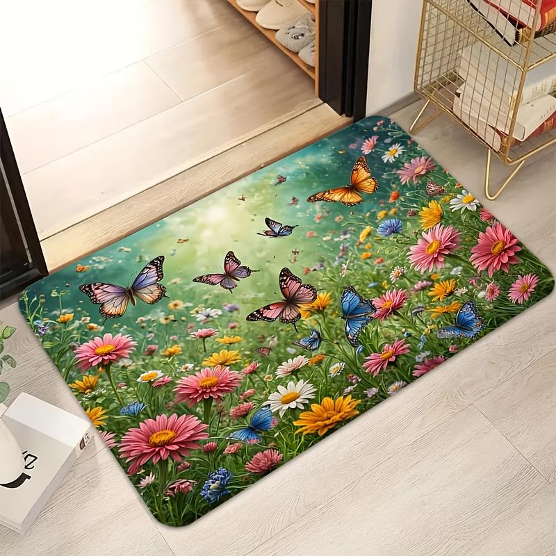 Spring Floral Butterfly Daisy Non-Slip Floor Mat Washable Decorative Area Rug for Entrance Living Room Bedroom Home Decor