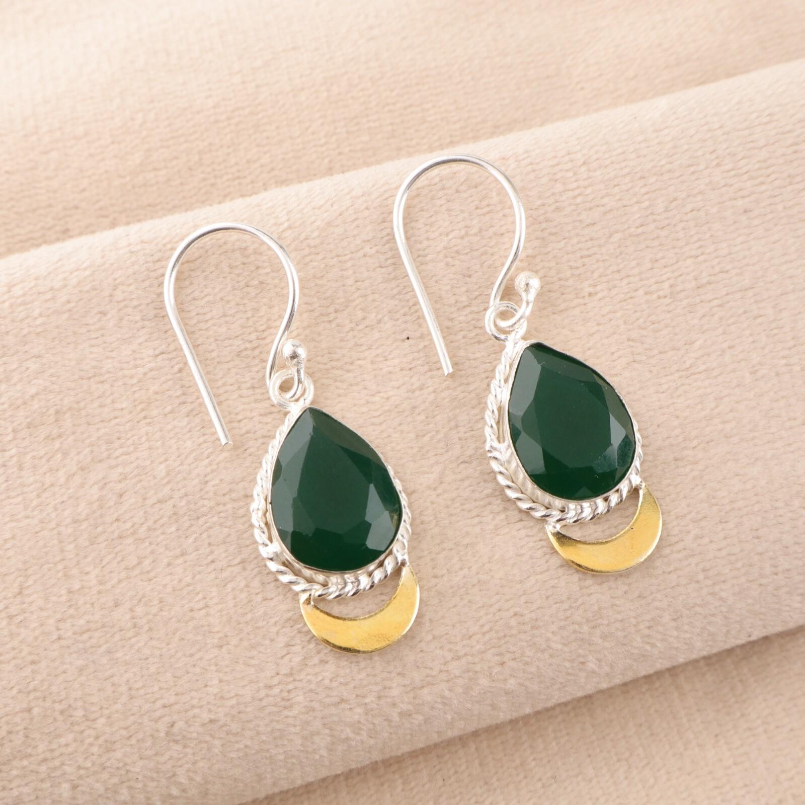 

Зеленый Оникс Драгоценный Камень Серебряные Изделия 925 Пробы Ручной Работы Серьги-Заявления 1,5 EE-162-15