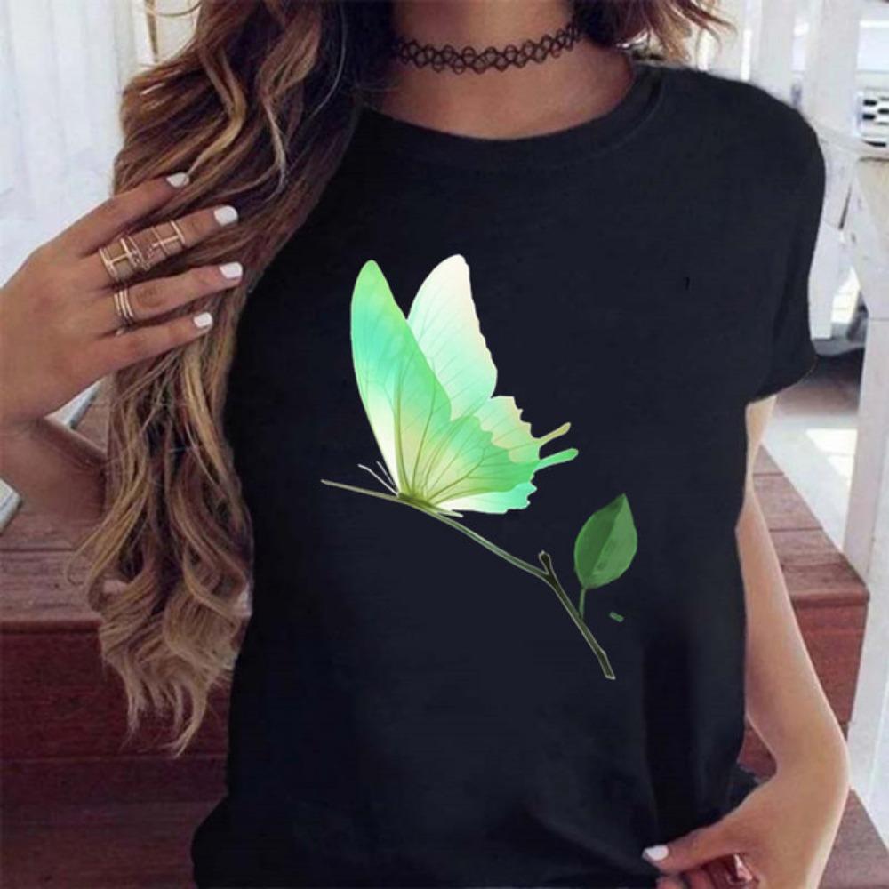 

Женская летняя повседневная футболка с круглым вырезом и коротким рукавом в стиле Харадзюку с принтом бабочки и дерева, черная футболка, Прямая поставка XL