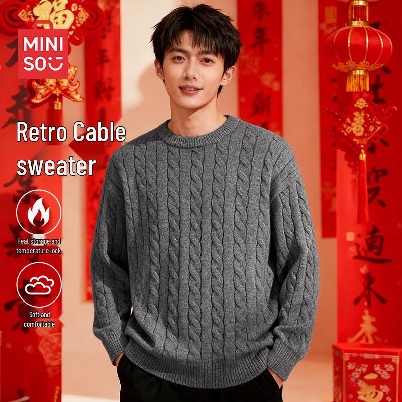 MINISO Men's Warm Loose Fit Round Neck Knit Sweater