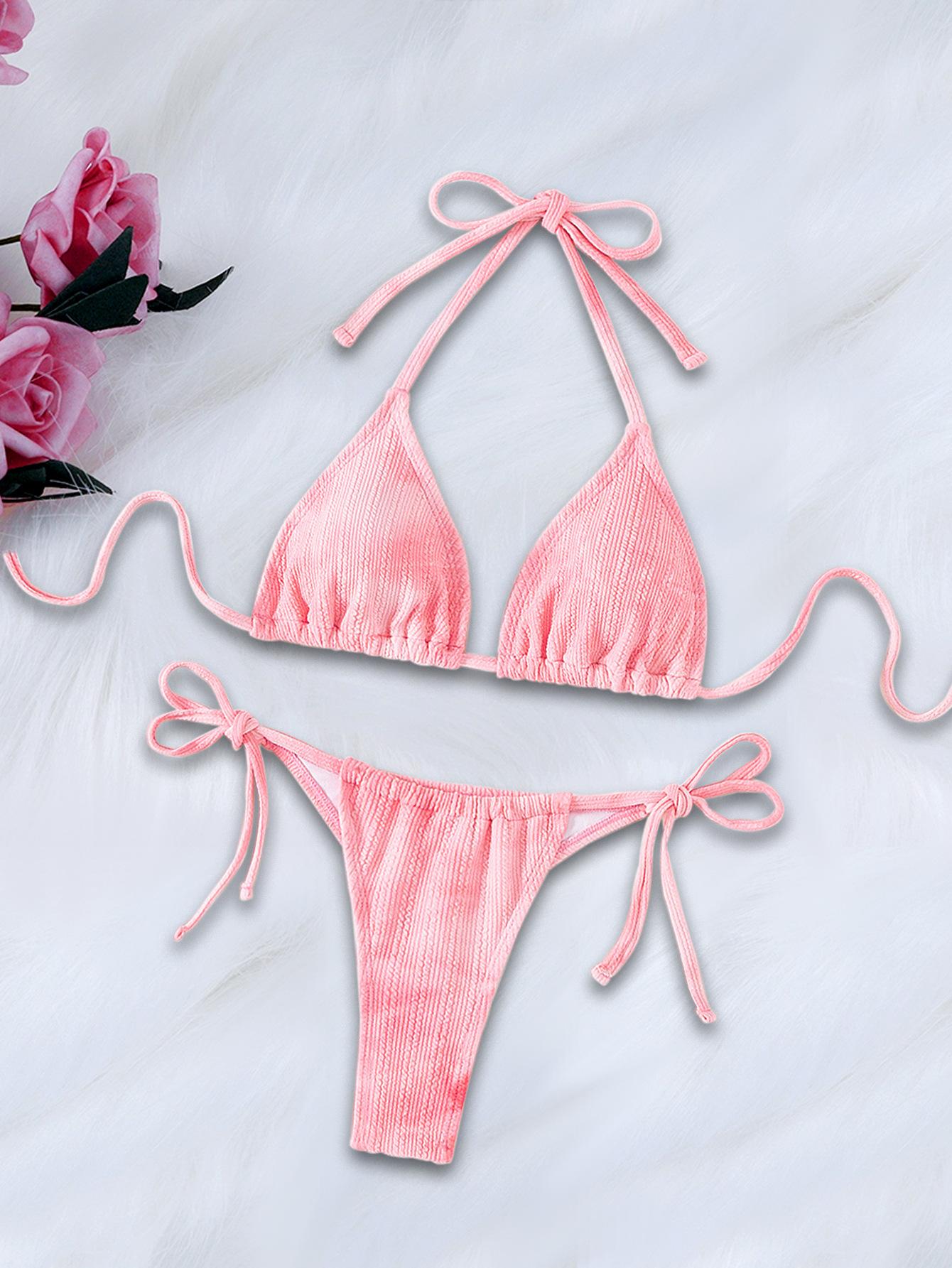 New European And American Style Split Women S Swimsuit Backless Sexy Two-Piece Pink Bikini S