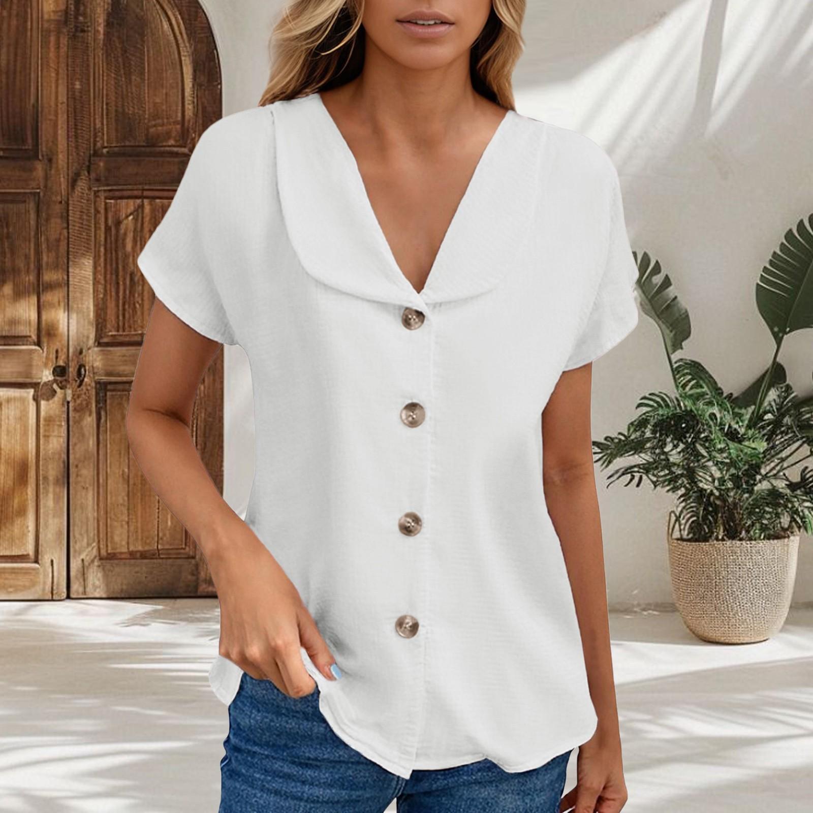 

Женский летний топ с коротким рукавом, рубашка с короткими рукавами, весенняя мода, повседневная одежда, рубашка, однотонный цвет, V-образный вырез, кардиган на пуговицах, короткий рукав XL белый