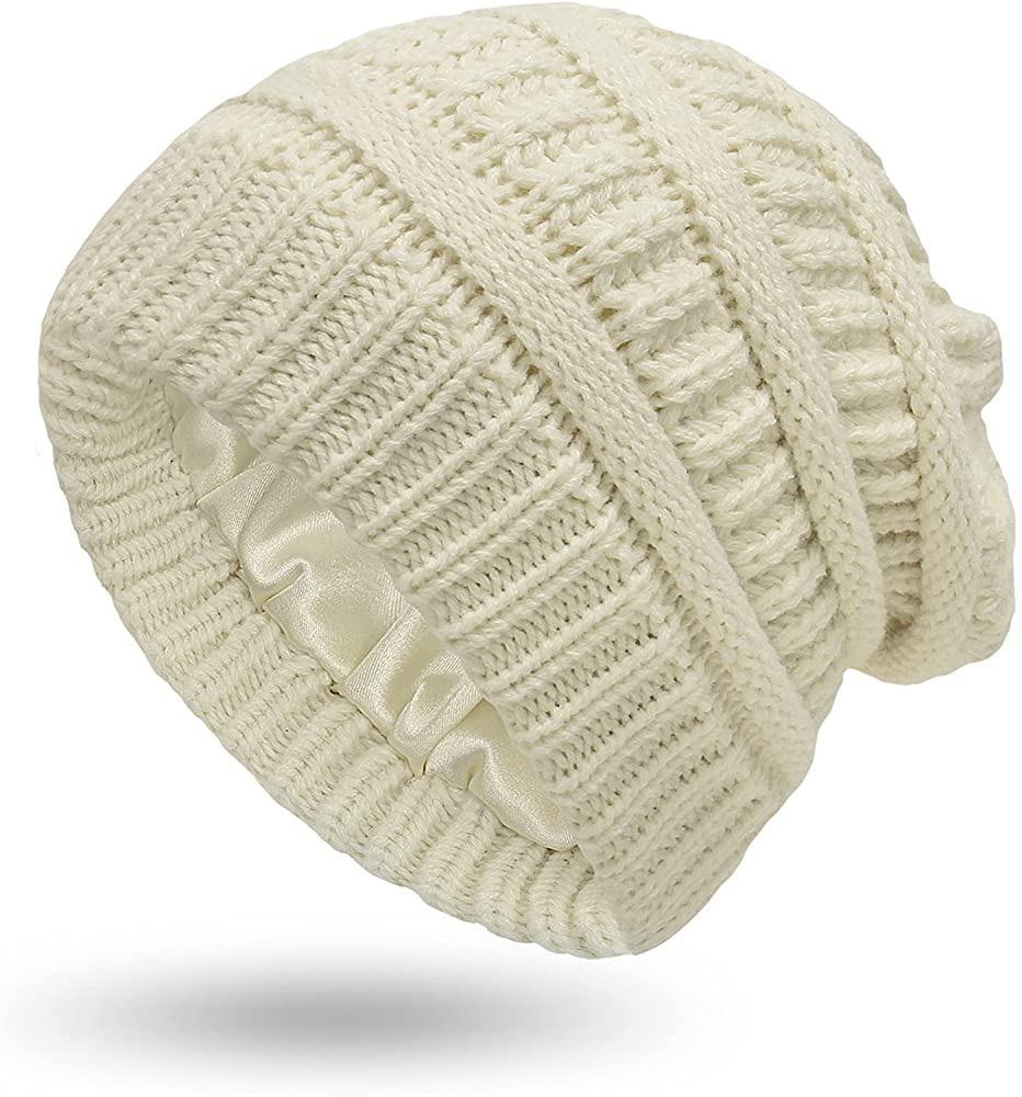 Womens Winter Warm Knitted Hat Satin Silk Lined Cable Knit Beanie Chunky Slouchy Skull Cap