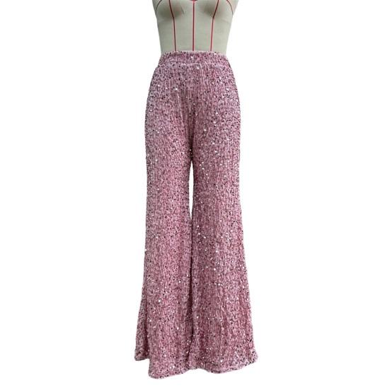 Yousheng Damenhose, elastischer, hochgeschnittener, weiter Bein-Hosen-Schnitt, glitzerndes Pailletten-Design, Freizeithose für Partys, Urlaub, Streetwear