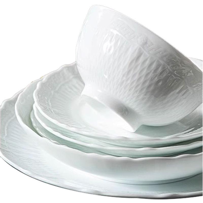 Jingdezhen High-Value White Porcelain Tableware Set: Underglaze Color Relief Bowl and Plate Collection