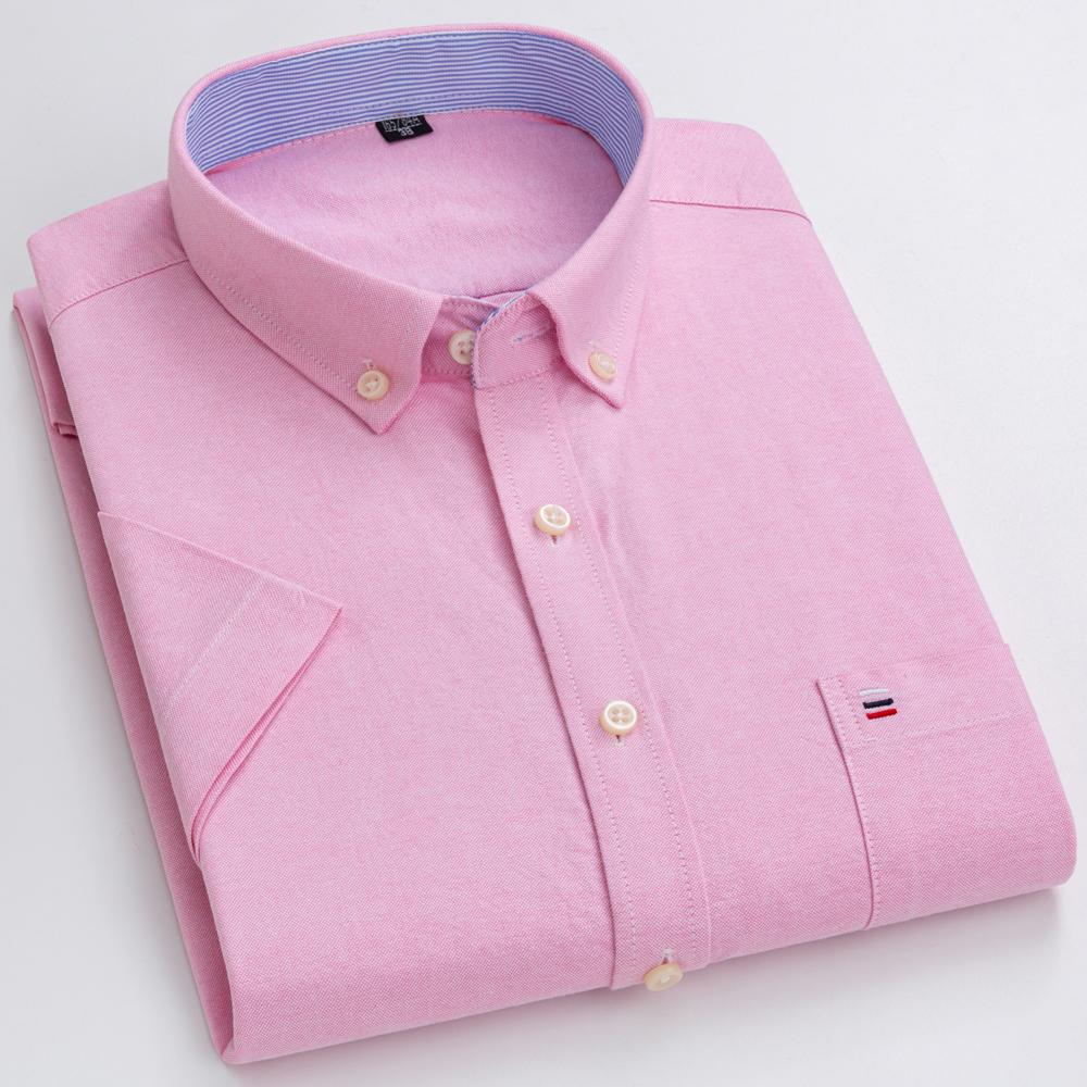 Męska koszula Oxford 100% bawełna, jednolita, z krótkim rękawem, zapinana na guziki, biznesowa casual z kieszenią na piersi