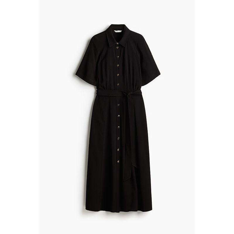 

HM Women s Clothing Dress 25 Summer New Holiday Waist Belt Shirt Plant Print Dress 1217576 Black 015 155/80