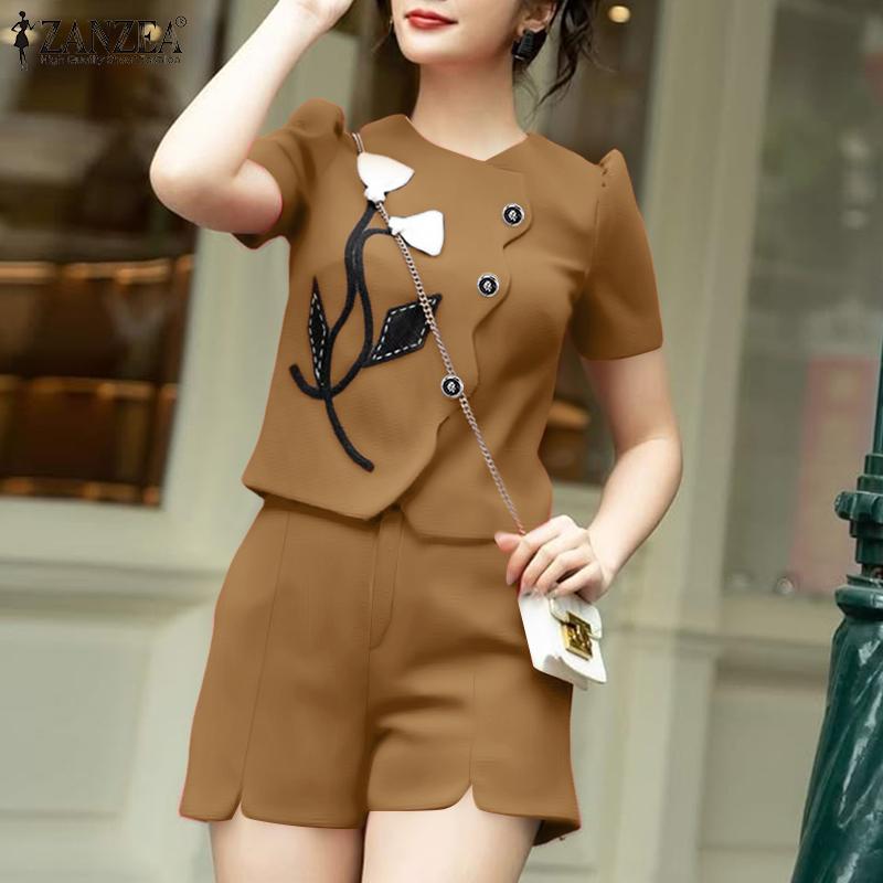ZANZEA Damen Kurzarmbluse und Shorts Sommer Zweiteiliges Anzug-Set