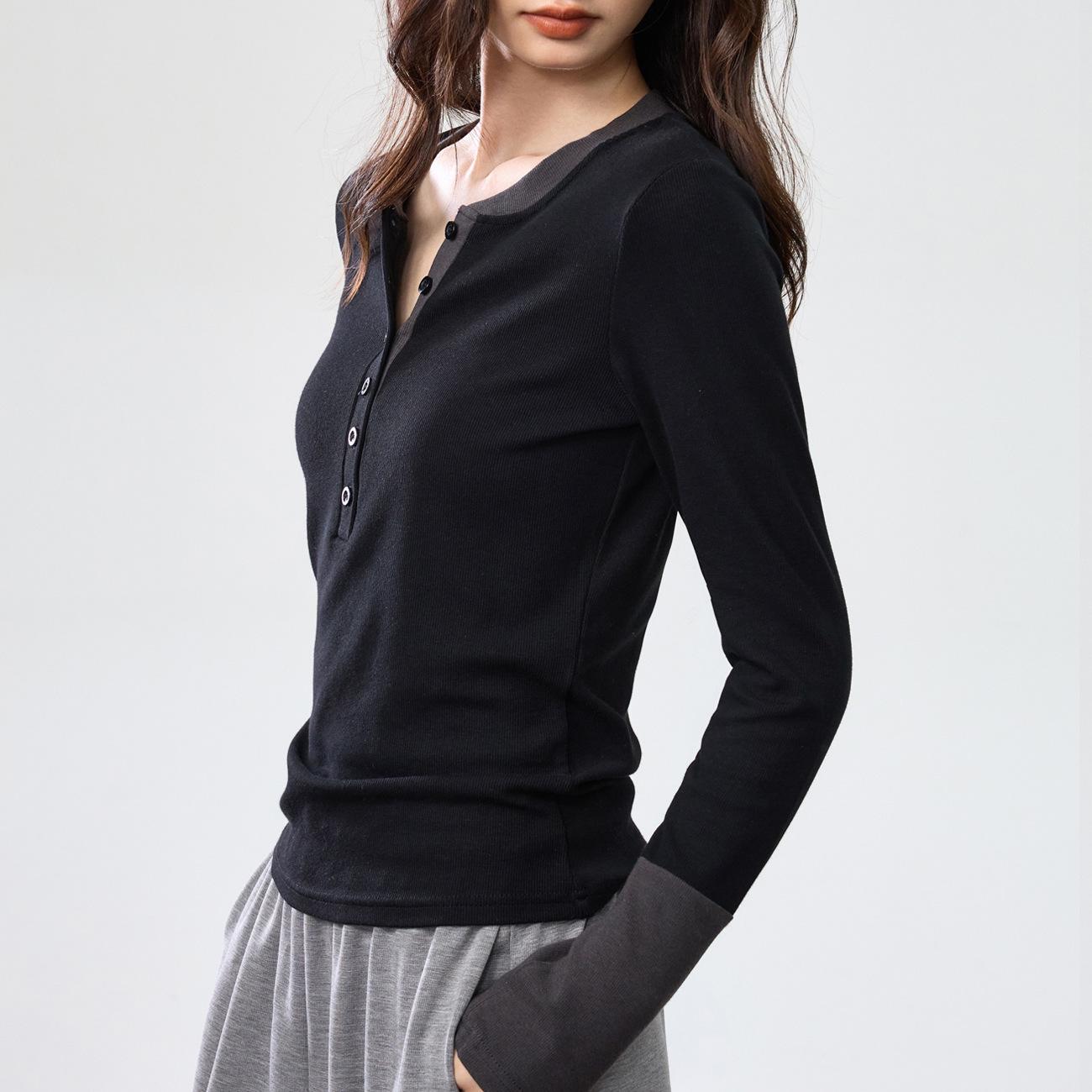 

Yuke 260 г Шелковая двойка Футболка с длинным рукавом на пуговицах с круглым вырезом - Женский осенний топ L