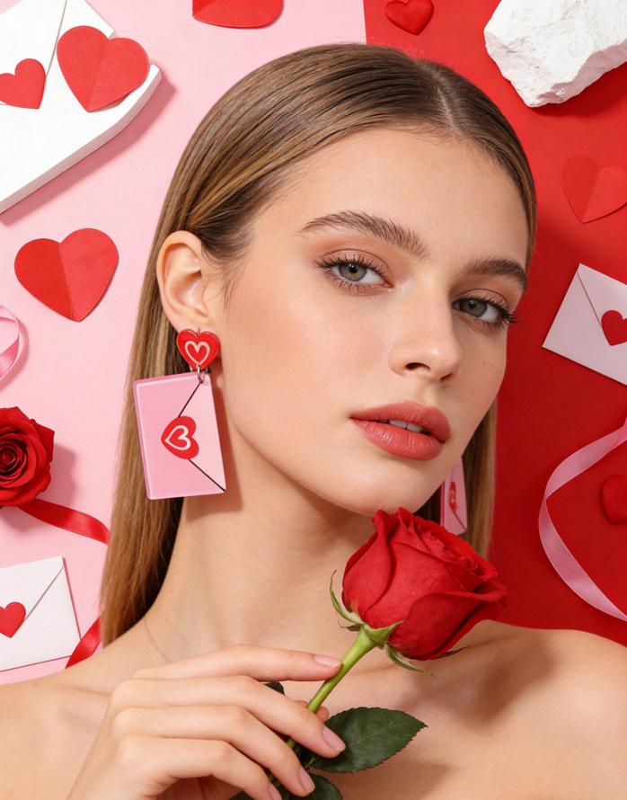 Valentine s Day Girly Pink Heart Print Multi-Color Block Acrylic Earrings