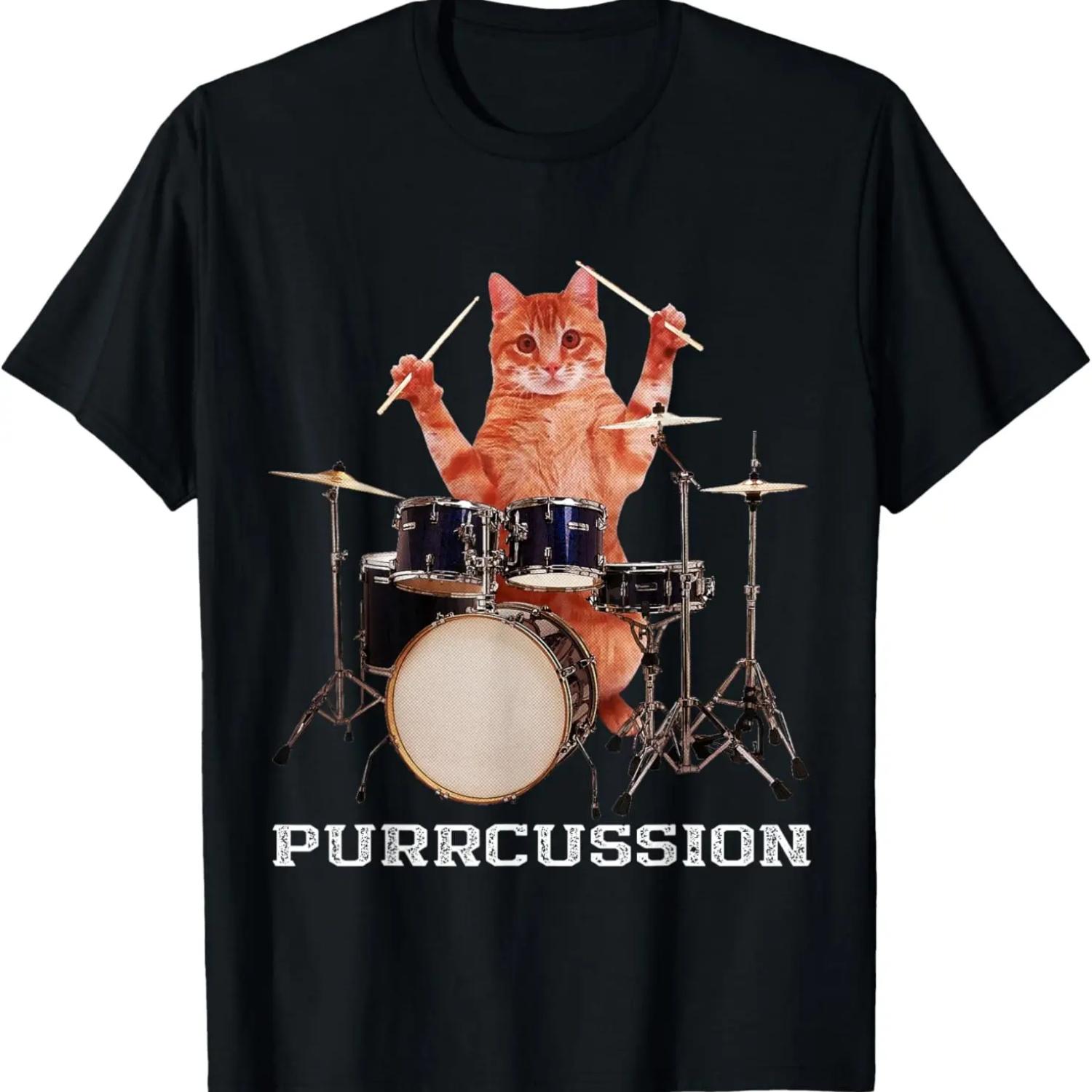 Purrcussion - Funny Cat Drummer On Drum Set Percussion Pun T-Shirt S чёрный