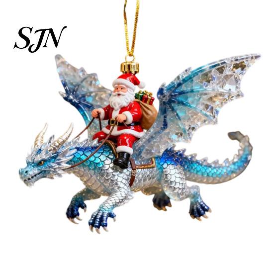 Xmas Tree Hanging Accessory Santa Claus Dragon Rider Christmas Ornament, 2D Acrylic Red Door Window Decor with Flying Decorations for Home Parties