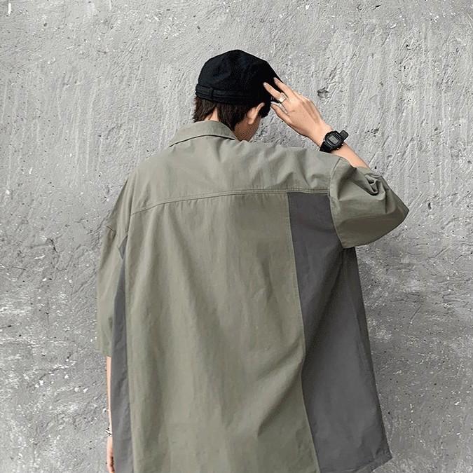 Sommer Vintage Gespleißtes Halbarmhemd Herren Koreanischer Stil Locker Harajuku Patchworkhemden