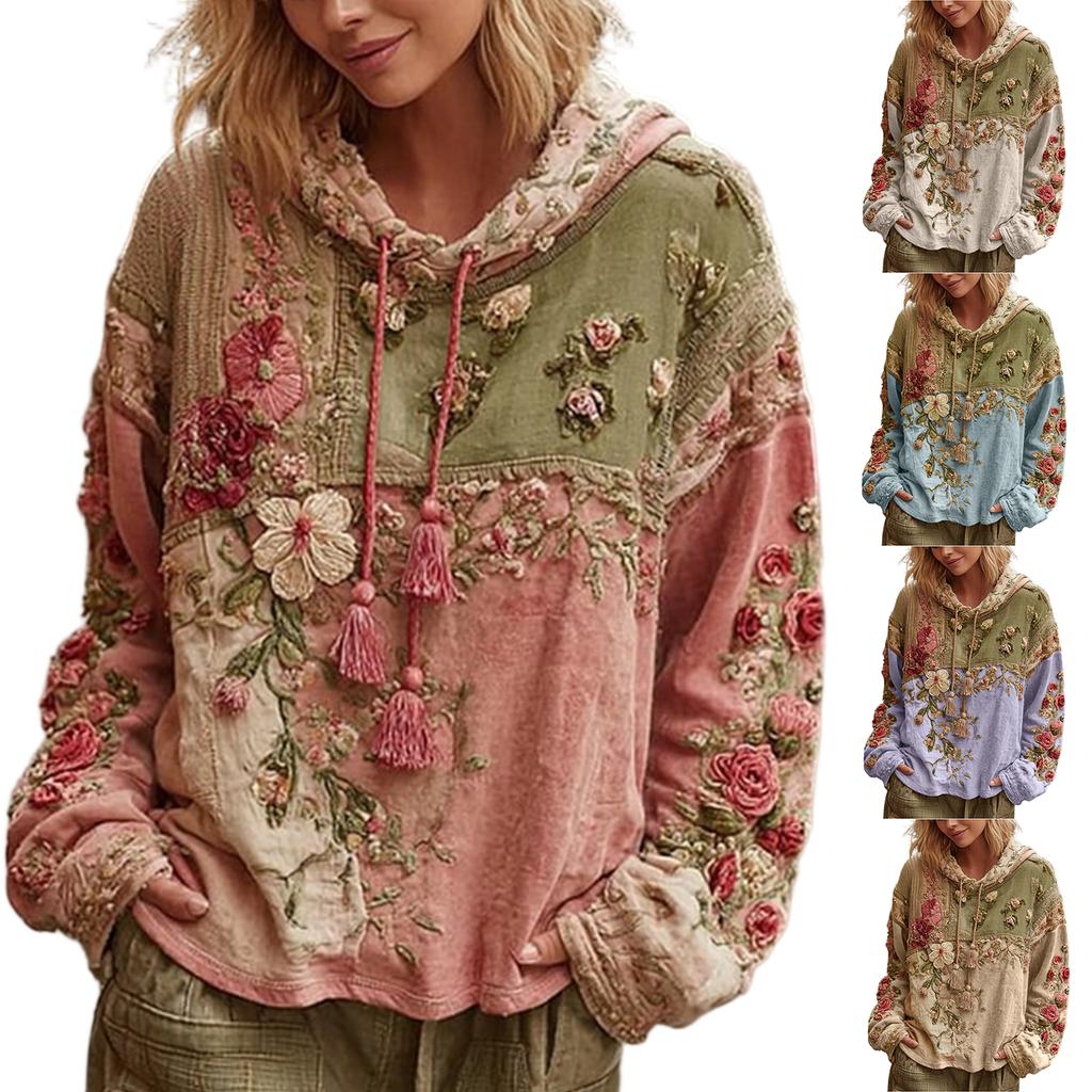 Women's Fashion Long-Sleeve Hooded Vintage  Patchwork Floral Print Casual Sweatshirt Top