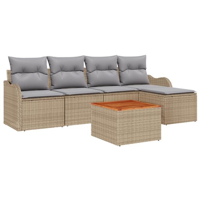 Ensemble de canapé de jardin 6 pièces avec coussins Beige Rotin synthétique Acacia, Canapé de jardin 2 places avec rangement 3356110