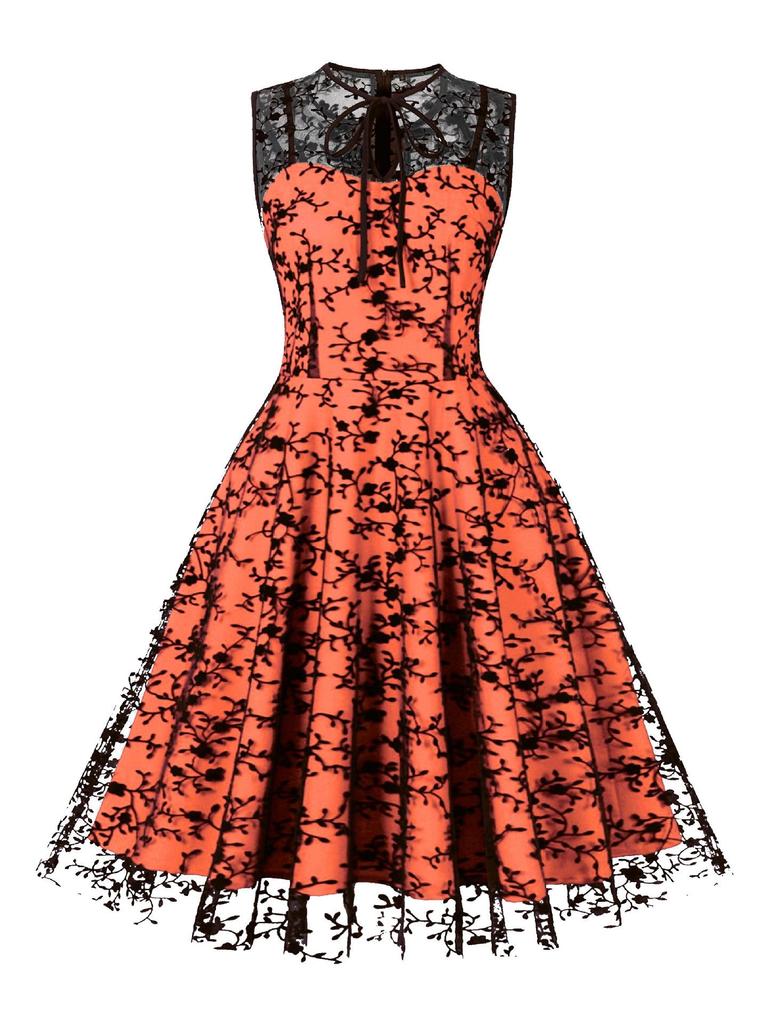 Women's Christmas Mesh Embroidered Midi Dress with Waist-Cinching and Sleeveless Design