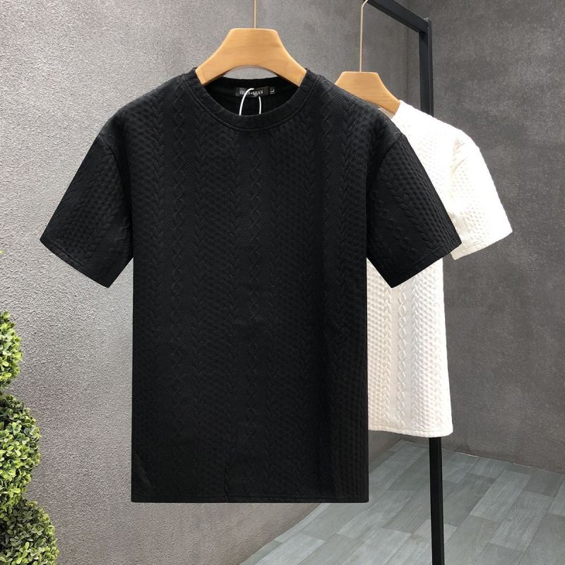 2026 New Summer Retro Korean Style Striped Knitting Solid Color T-shirts for Men Handsome O Neck Short Sleeve Chiffon Y2K Tops