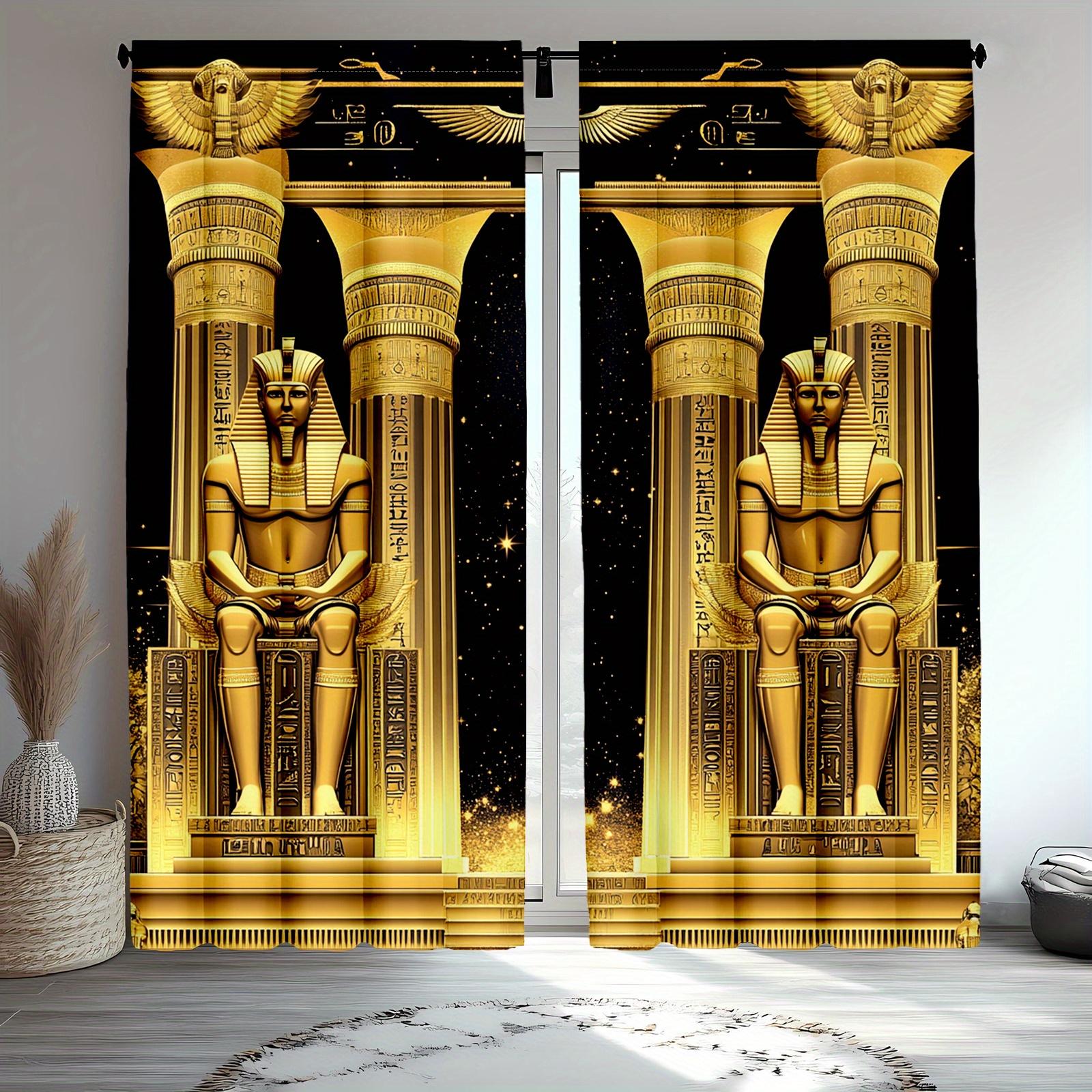 

2pc Egyptian Pyramid Curtains – Black with Gold Hieroglyphs Sheer Rod Pocket for Living Room or Bedroom 100*130 Grommet Top 1pcs