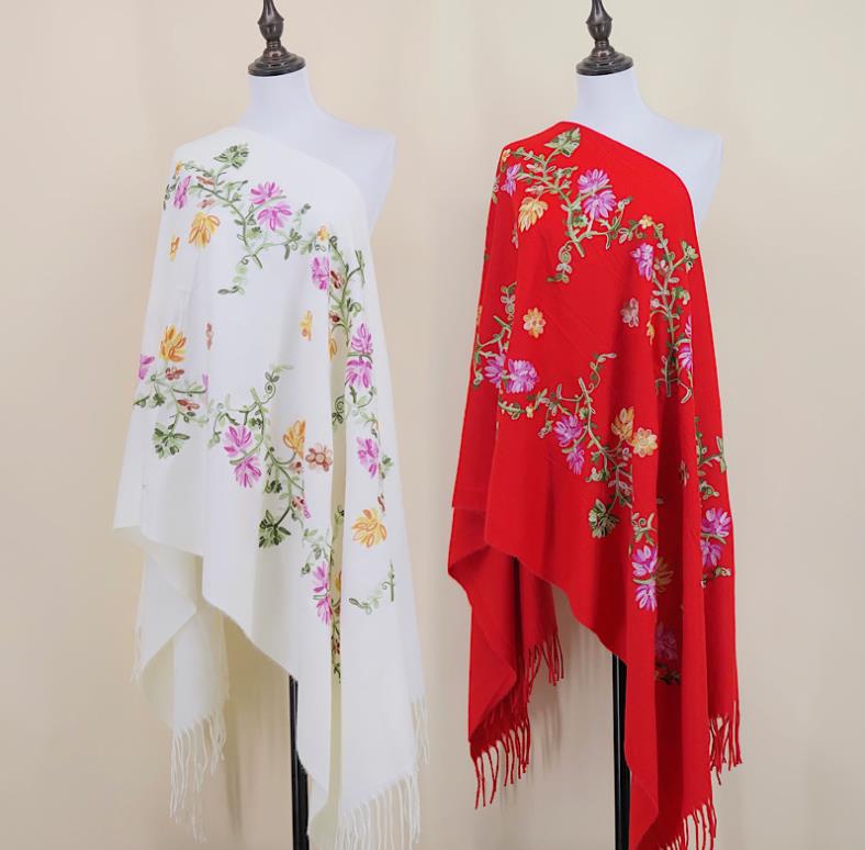 Yto Scarf Women's Whtie Embroider Flower Cashmere Scarf Winter Warm Fine Tassels Scarf Shawl Fashion Shawl Scarves New Arrived Shawl Scarf