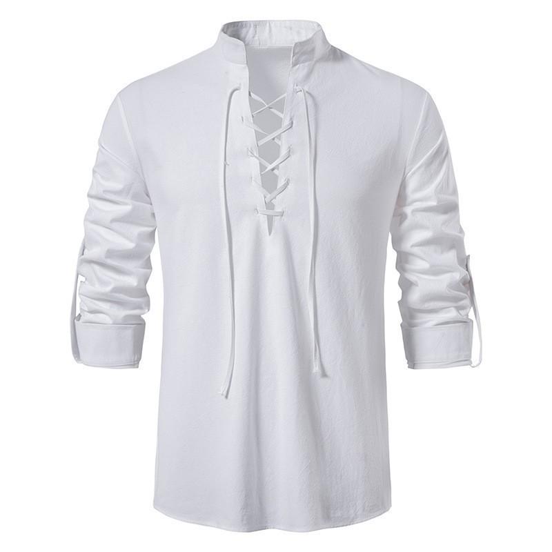 

New Men s Stand-Up Collar Long Sleeve Shirt Cotton and Linen Henry Shirt Hippie Casual Beach Shirt S белый