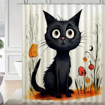 Black Kitten Pattern Shower Curtain, Waterproof Shower Curtain With Hooks,Bathtub Partition,Bathroom Decor,Bathroom Accessorie