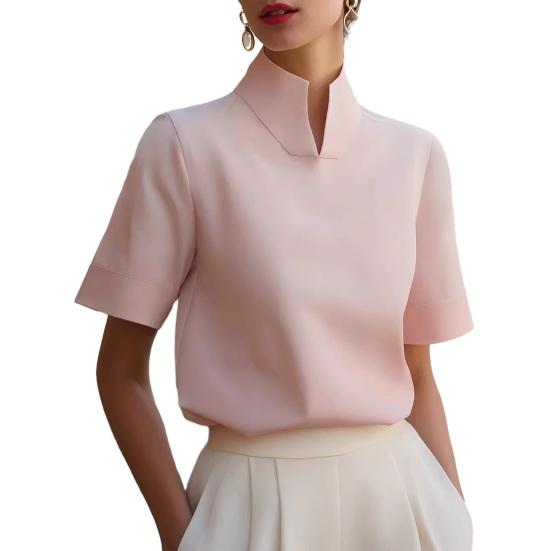 

Women Shirt V-neck Stand Collar Loose Fit Pullover Tops Pure Color Soft Stretchy Breathable Blouse Daily Wear S рожевий