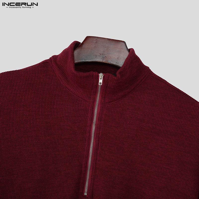 INCERUN Spring Men Stand Neck Long Sleeve Zip-up Texture Rib Knitted Pullovers Tops