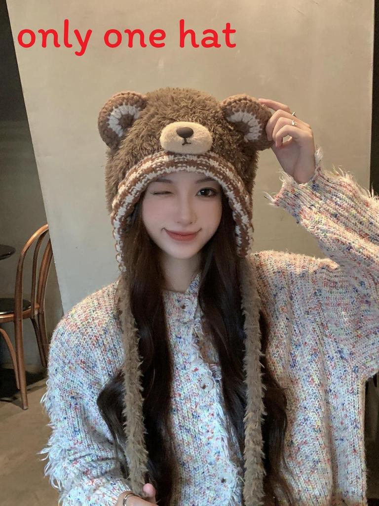 Knitted Bear Earmuff Hat For Women With Warmth And Windproof Features For Autumn And Winter