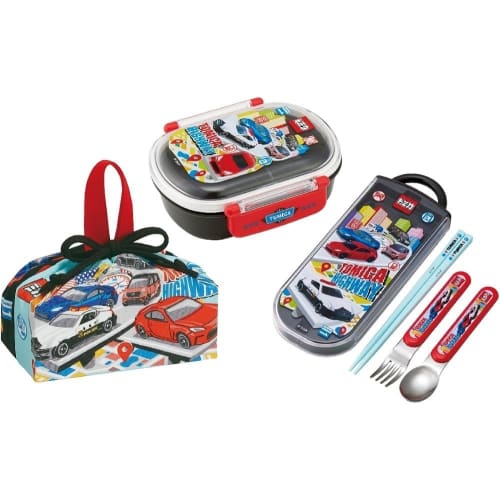 Skater Tomica 25 Antibacterial Dishwasher Safe Soft Lid Tight Lunch Box, Oval Shape, 360ml Trio Set (Chopsticks, Spoon, Fork), Lunch Pouch, Work Vehic