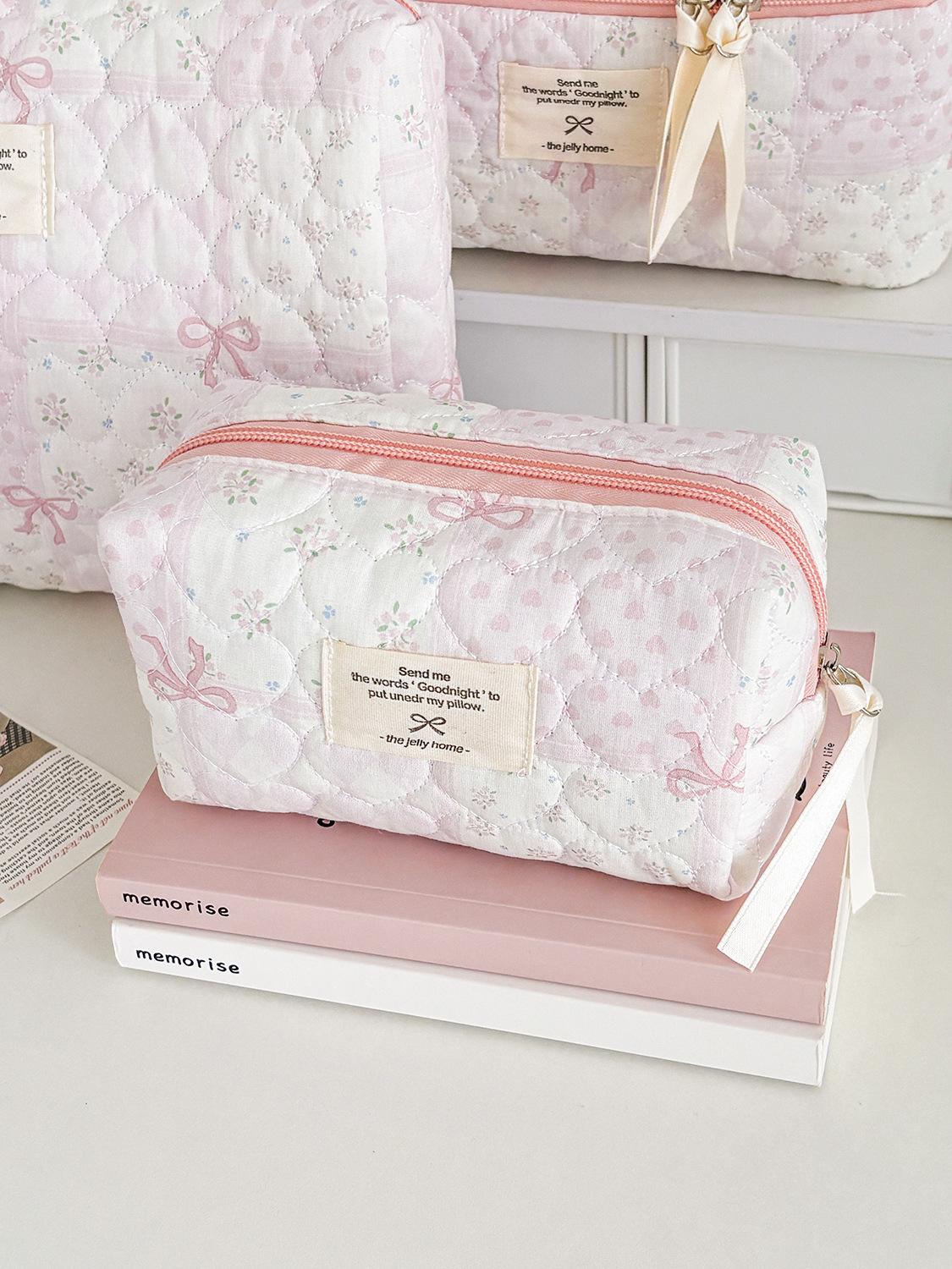 

Flower Contrast Color Female Bow Cosmetic Bags Large Capacity Sweet Bow Women s Makeup Case Heart Quilting Clutch Handbags