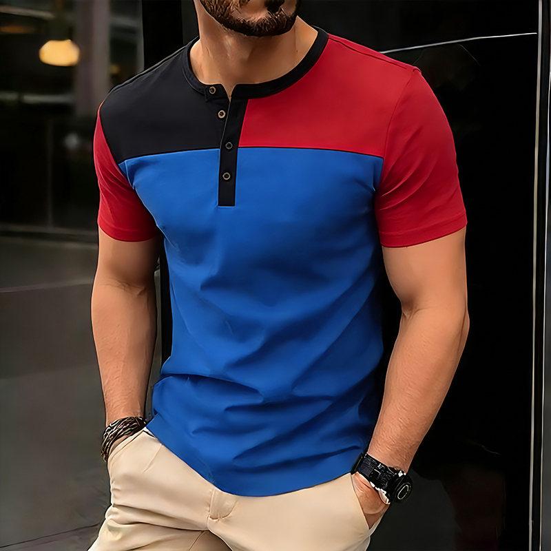 

Men s Summer Hip Hop Streetwear Contrast Color T-Shirts Fashion Patchwork Henry Collar Casual Button Basic Short Sleeve Top Tees L синий