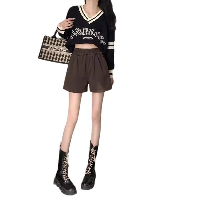 Women's Black Woolen High-Waist Booty Shorts - New 2024 Autumn/Winter Elastic A-line Wide-Leg Casual Wear