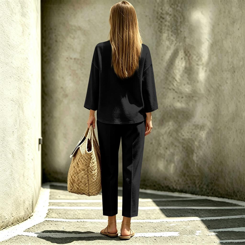 Women's solid-color urban fashion casual long-sleeved mid-length pants set