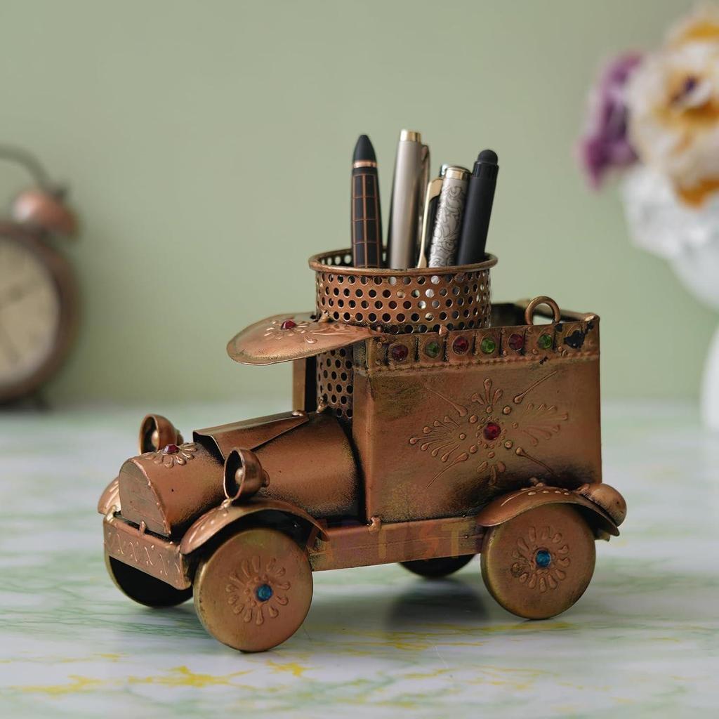 Vintage Car Design Pen Holder/Antique Metal Pen Holder/Pencil Holder/Vintage Desk Organiser, Gold