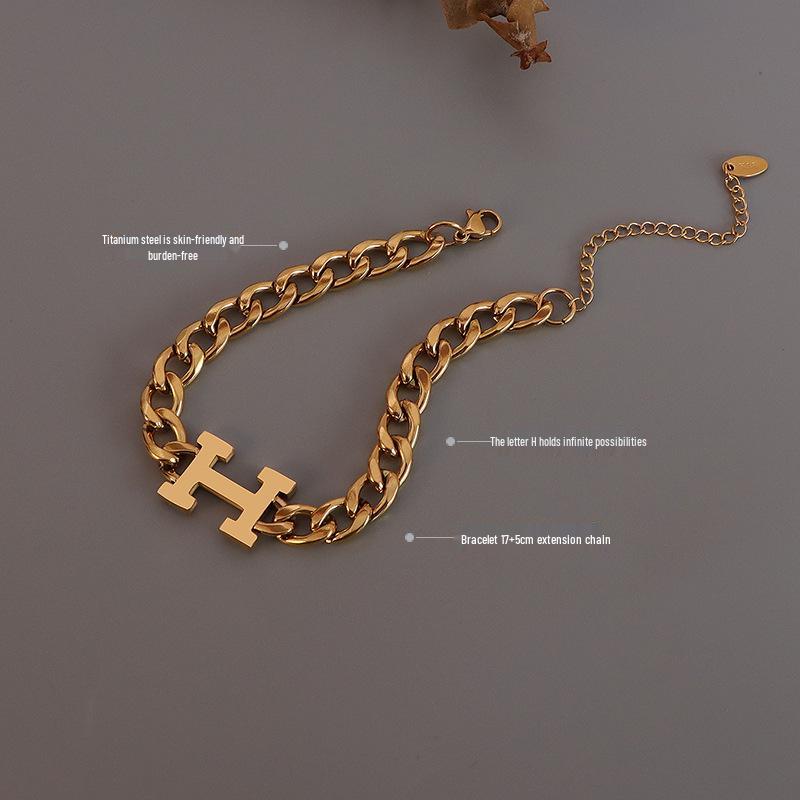Brățară H Stil European și American din Oțel Titanic placată cu Aur de 18K - Design cu Lanț Gros, Potrivită pentru Cupluri