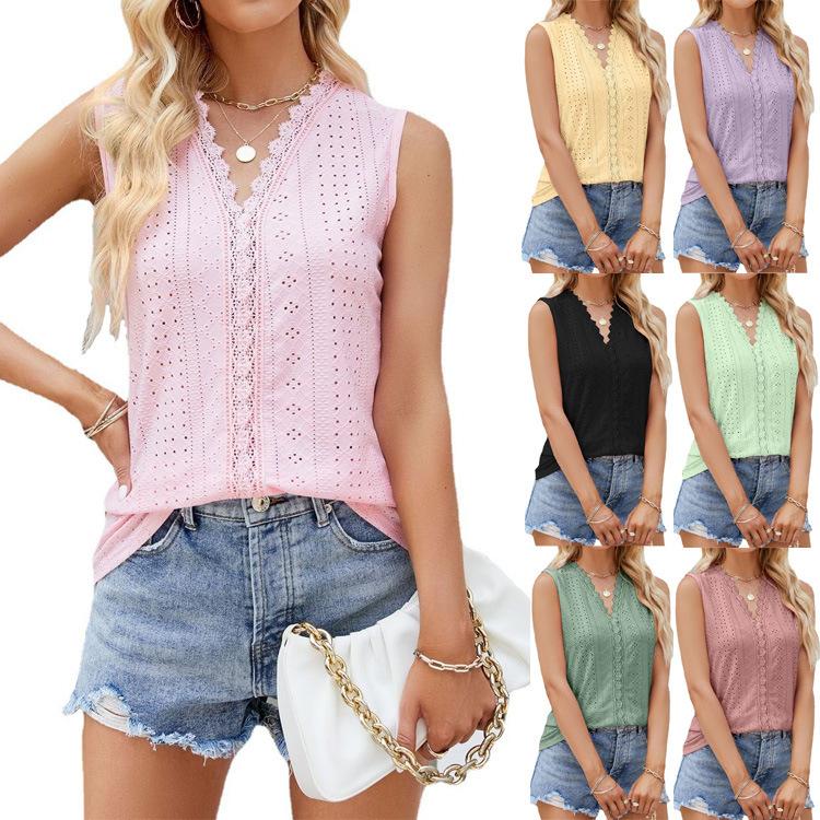 

2024 Women Summer Vest Top Hollow V-neck Sleeveless Patchwork Vest Women s Top Lace Casual Soft Comfy T-shirt Women s Clothing S чорний
