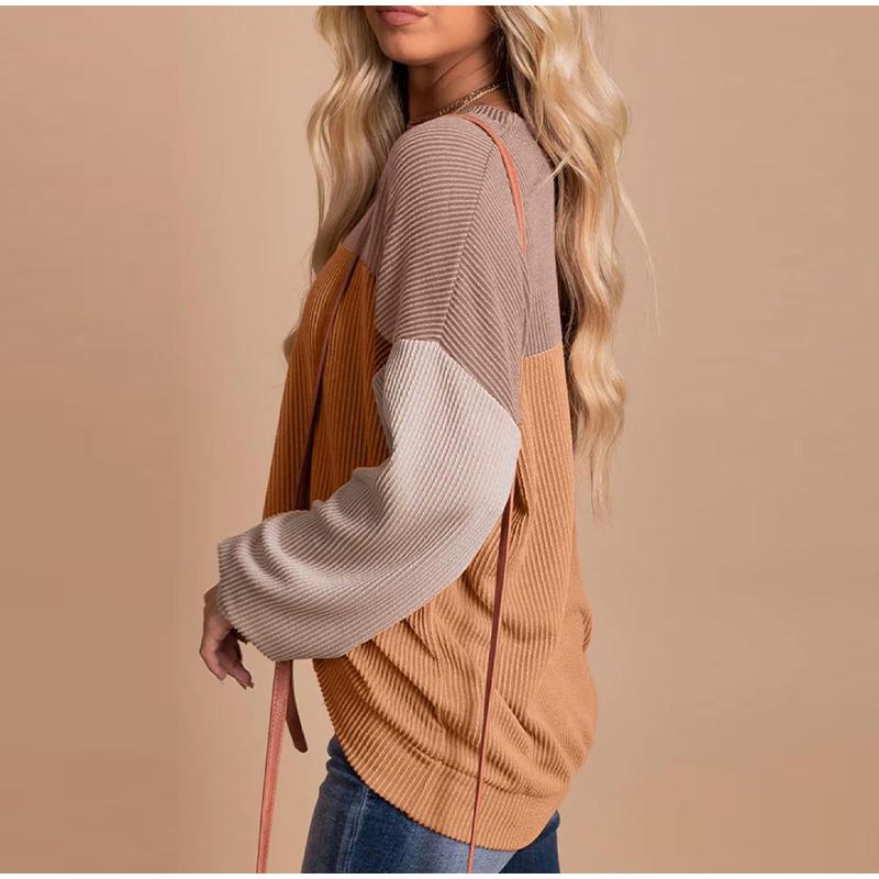 Women Fashion Color Block Long Sleeve O-neck Knitted Ribbed Casual Loose Pullovers