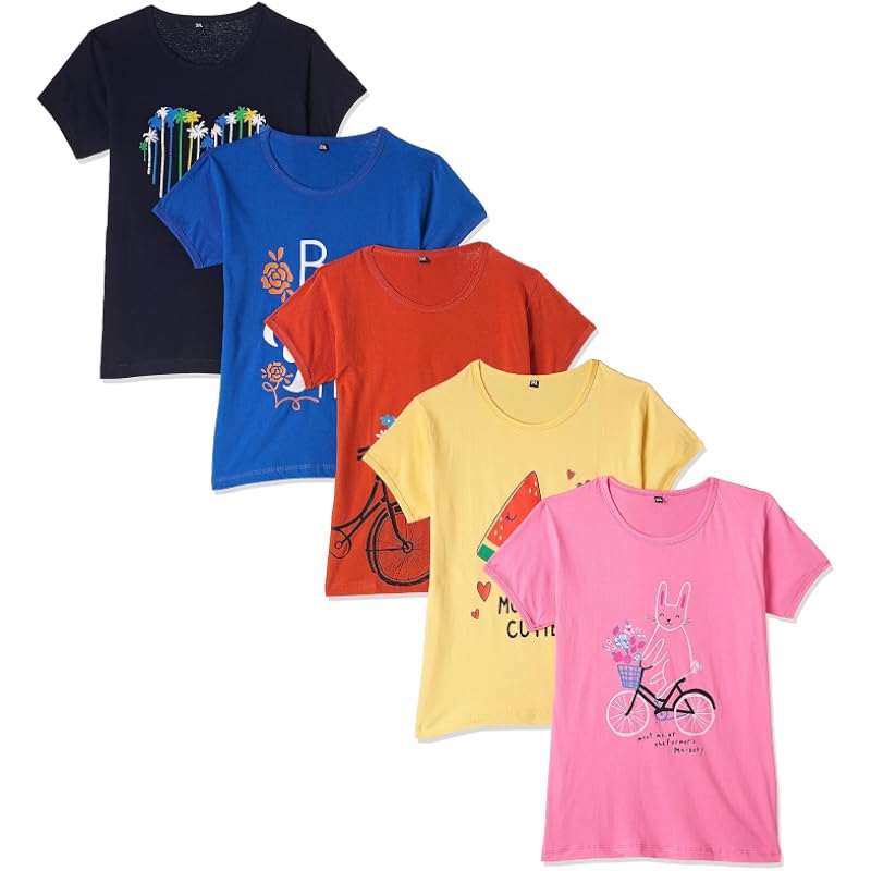 T2F Girls Solid Regular Fit T-Shirt Pack of 5(GLS-TSRT-01_Multicolor 4_2 Years-3 Years)