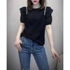 Women's Summer Temperament Ruffled Black Slim T-shirt Round Neck Short-sleeved Personalized Casual Tops