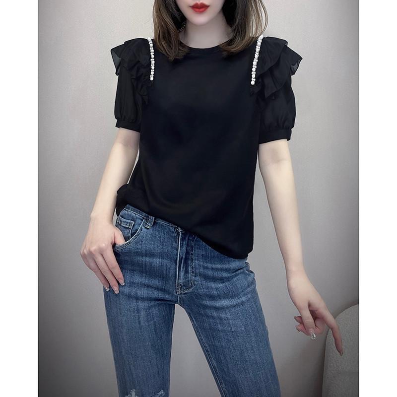 Women's Summer Temperament Ruffled Black Slim T-shirt Round Neck Short-sleeved Personalized Casual Tops