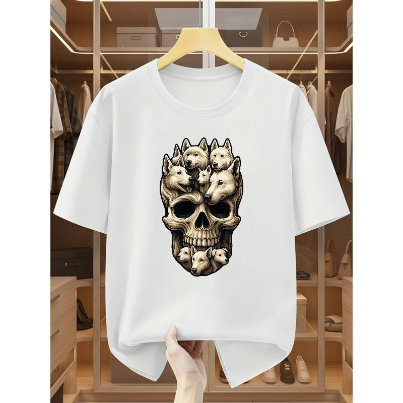European Size Plus Size Men S Skull And Multiple Wolf Head Pattern Men S Long Sleeve T-Shirt Comfortable Casual Short-Sleeved T-Shirt in Summer S белый