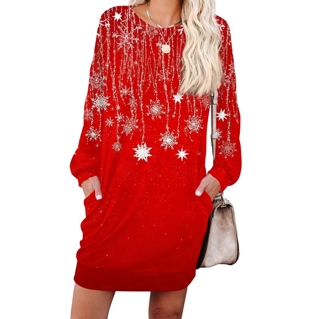 Women's Snowflake Print Fashionable Long-sleeved Round-neck Pocket Dress